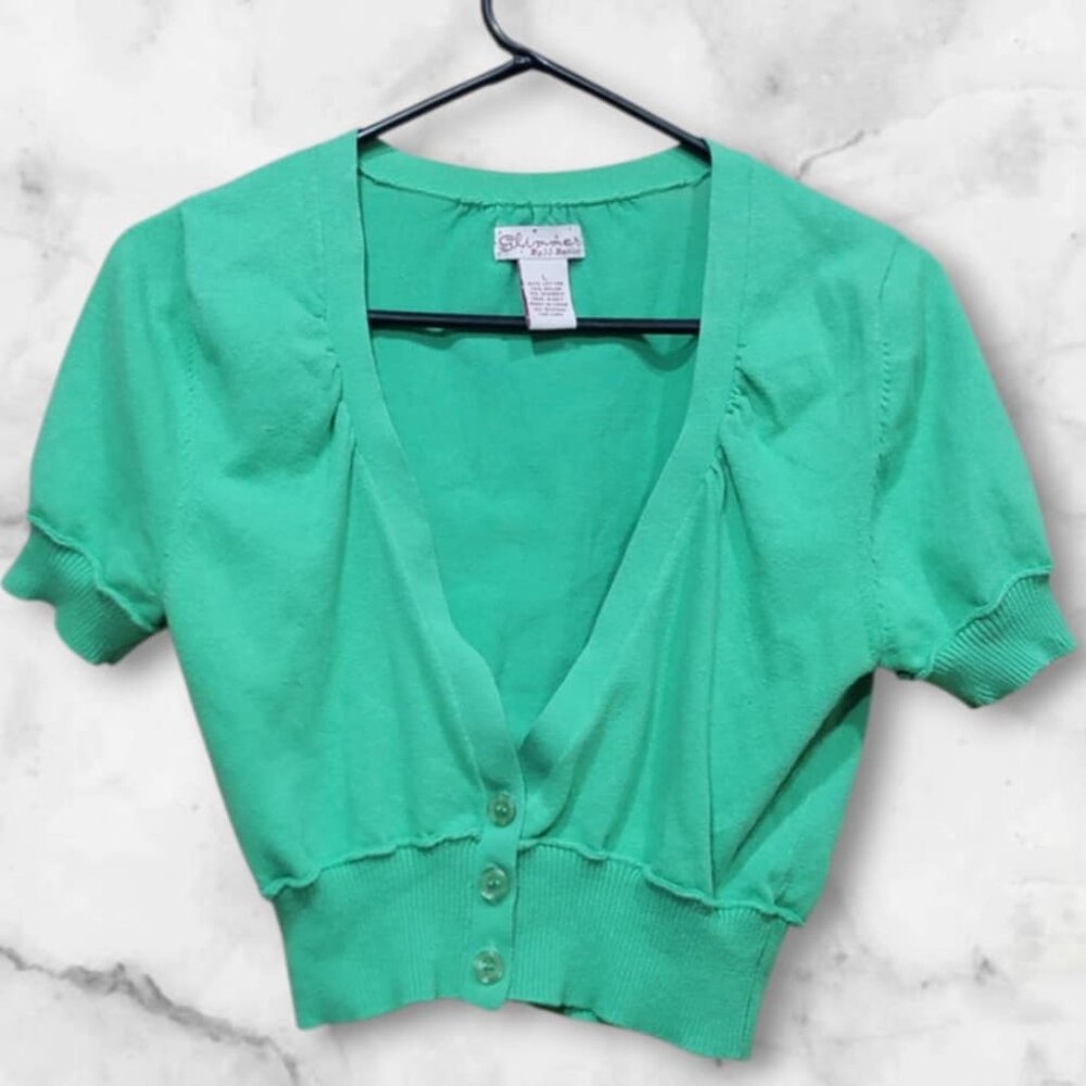Vintage Y2K Women's L crop cardigan babydoll button up shirt Green JJ Basics